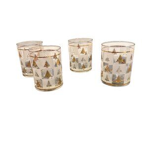 Culver Mid-Century Christmas Highball Glasses Set Of 4 Gold Trees Frosted Square